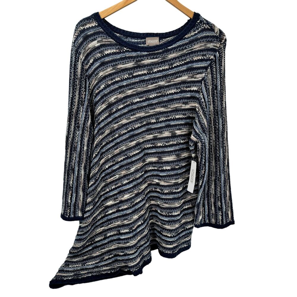 Chico's Sweater Womens XL Blue Tan Striped Asymmetrical Hem Pullover Knit NEW